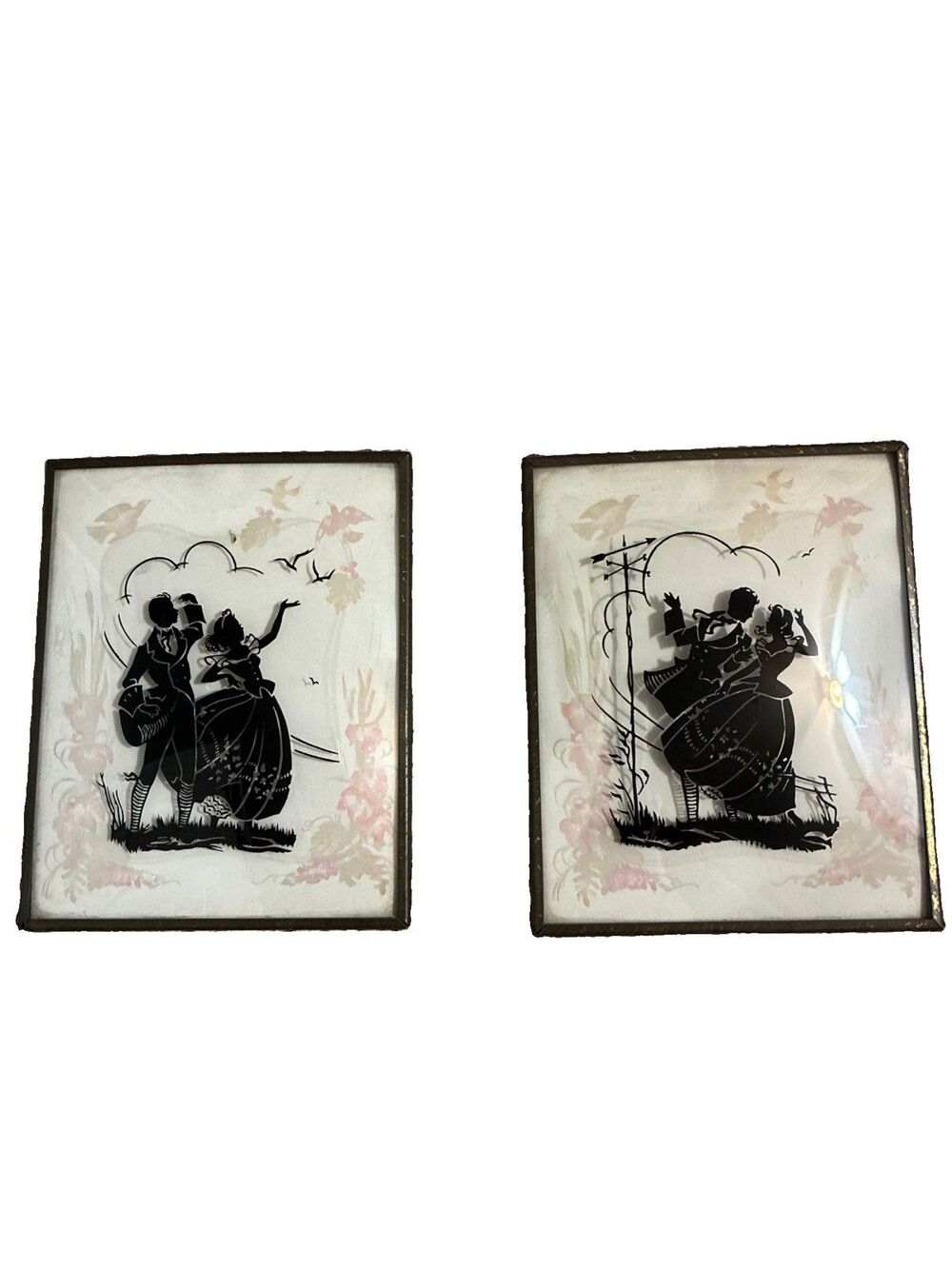 Vintage 40's Pair Reverse Painted Silhouette Pictures Convex Couple Birds Brass